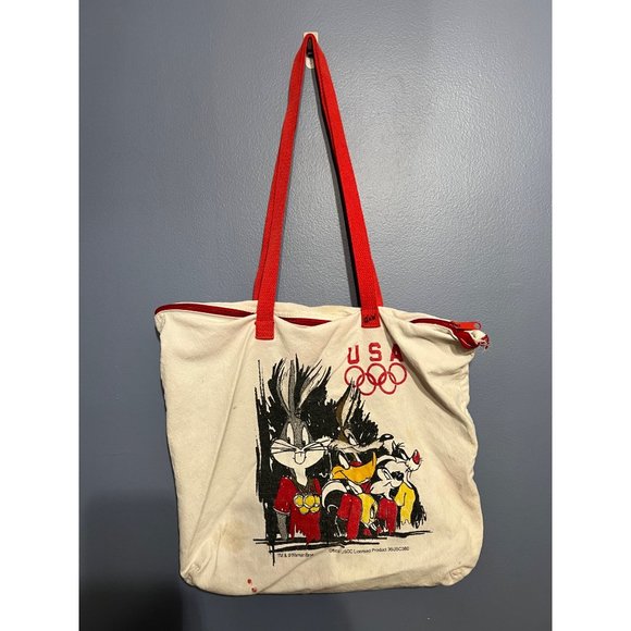 Vintage Looney Tunes 1995 Olympics Canvas Zipper Tote Bag Bugs Bunny, Daffy Duck - Picture 1 of 10